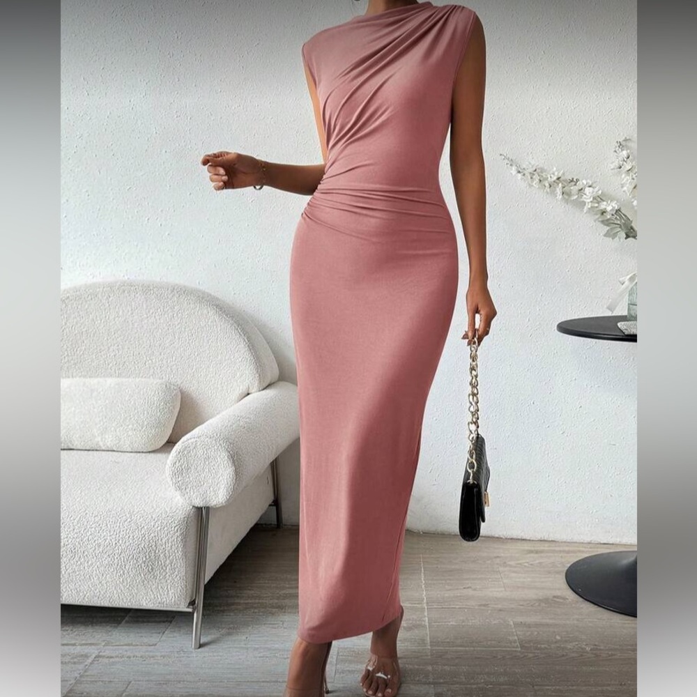Elegant Pink Sleeveless Draped Bodycon Maxi Dress